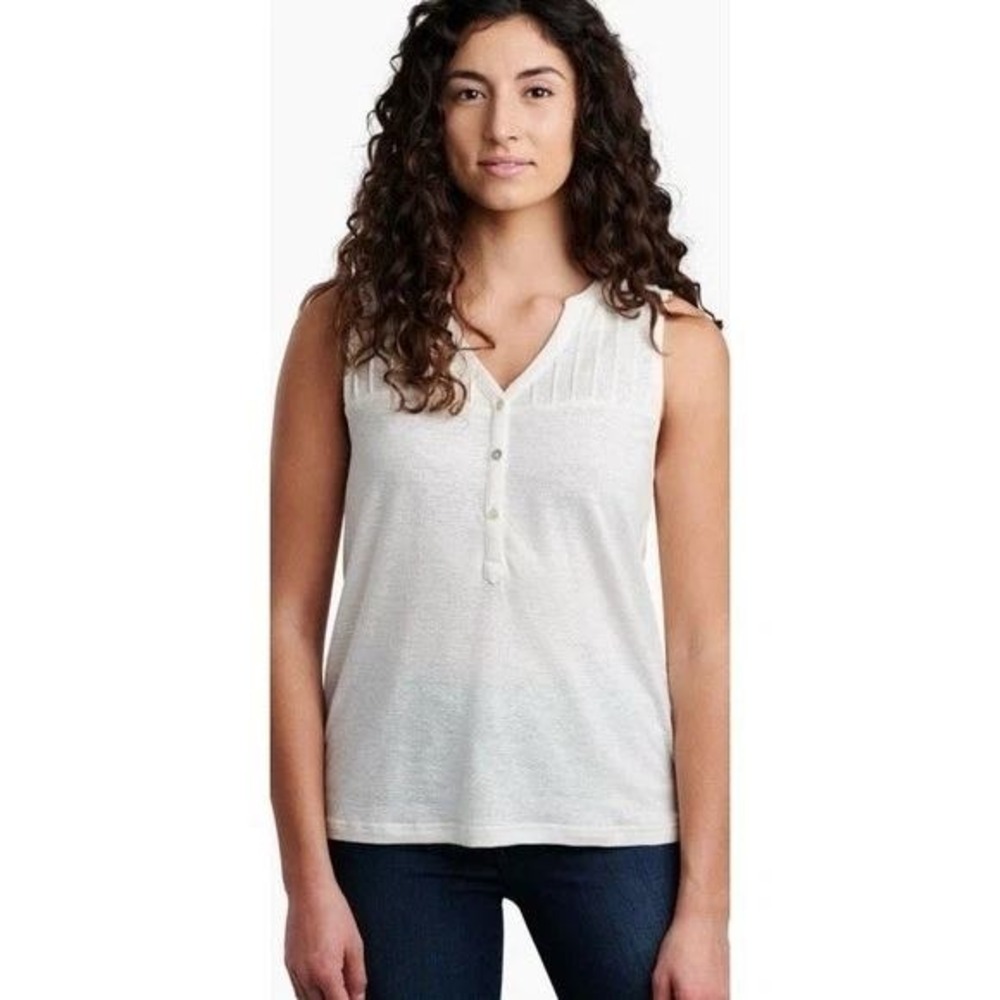 KUHL Brisa Tank Top Women XL Ivory Hemp Blend Henley Pintuck Sleeveless 8197 NEW